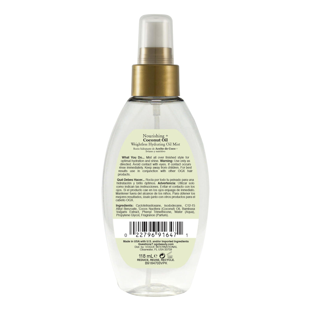 OGX Nourishing + Coconut Oil Weightless Hydrating Oil Hair Mist, Lightweight Leave-In Hair Treatment with Coconut Oil & Bamboo Extract, Paraben & Sulfate Surfactant-Free, 4 Fl Oz