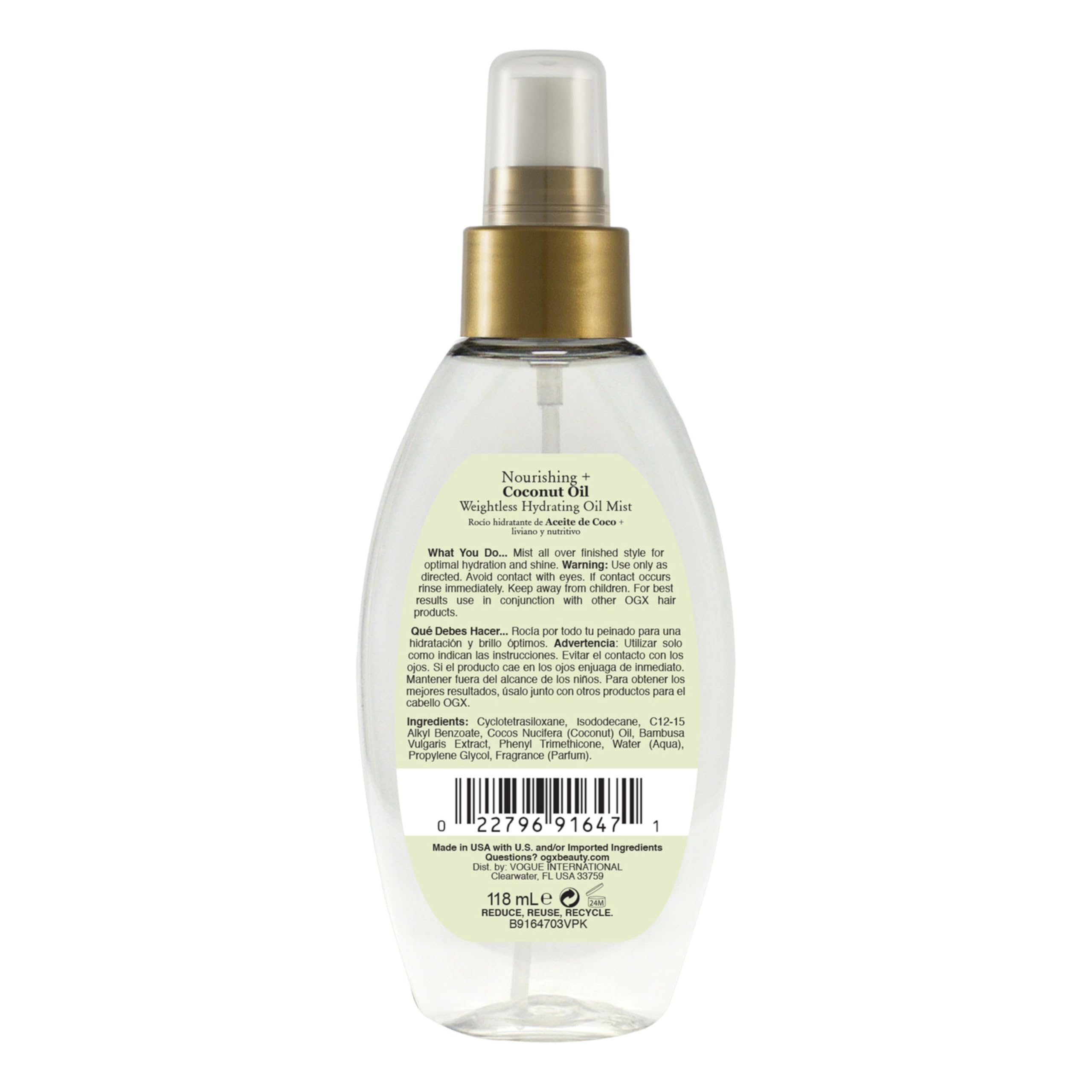OGX Nourishing + Coconut Oil Weightless Hydrating Oil Hair Mist, Lightweight Leave-In Hair Treatment with Coconut Oil & Bamboo Extract, Paraben & Sulfate Surfactant-Free, 4 Fl Oz