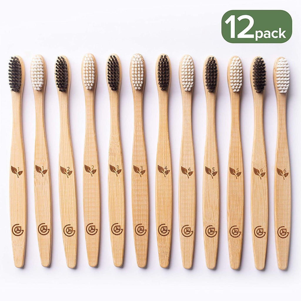 Buy now Greenzla Bamboo Toothbrushes for Adults â€“ 12 Pack Wooden Toothbrush Set with Charcoal-Infused Soft Bristles, Natural Oral Care for Daily Use at indiglob india