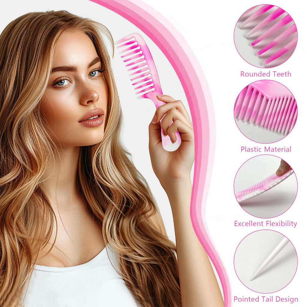 4 Pcs Unisex Hair Comb Set - Rat Tail, Wide & Fine Tooth and Dual-Sided Combs for Daily Detangling, Pink
