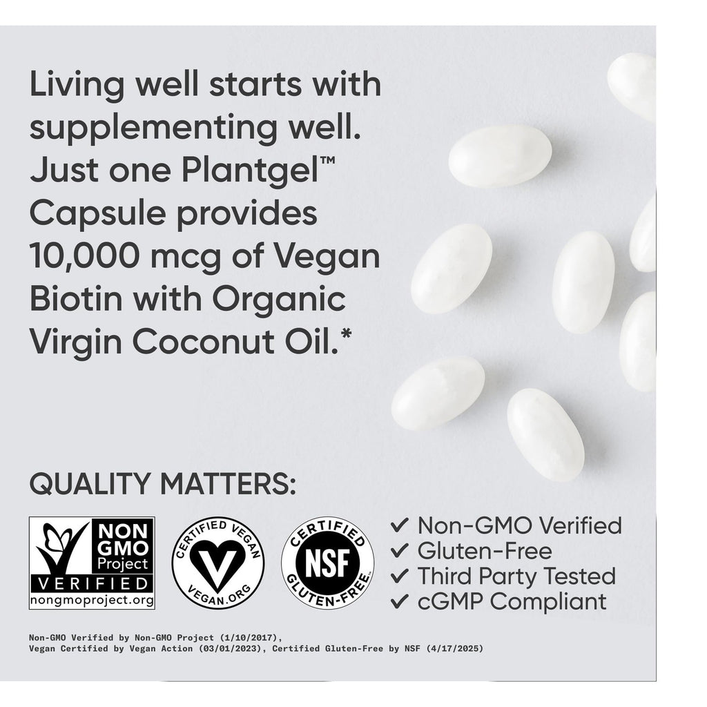 Sports Research® Biotin 10,000mcg w/Coconut Oil, 120 Count Plantgels™ | Max Strength Vegan Biotin (Vitamin B7) for Healthy Skin and Hair Support | Non-GMO, Gluten & Soy-Free, 120 Servings