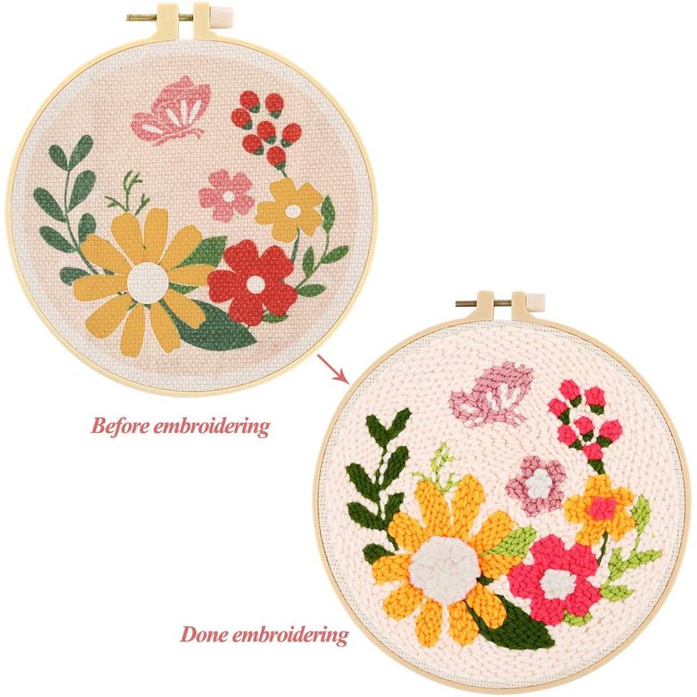 Buy now Pllieay Punch Needle Embroidery Starter Kits for Kids and Adults Beginners, Include Instructions, Punch Needle Fabric with Floral Pattern, Yarns, Embroidery Hoops and Threader Tools at indiglob india