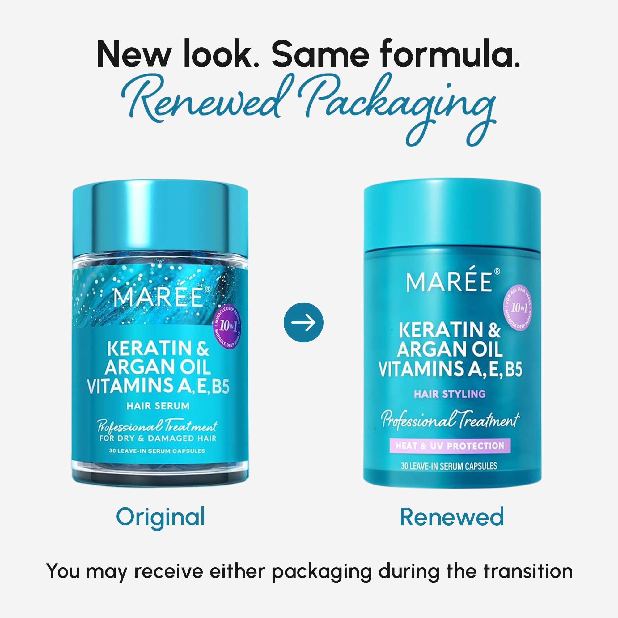 MAREE Hair Serum for Frizzy Dry Hair – Styling Capsules with Keratin, Argan Oil, Vitamins A E B5 – UV & Heat Protectant Frizz Control Serum for Women – Aceite Para el Cabello Treatment | for Frizzy