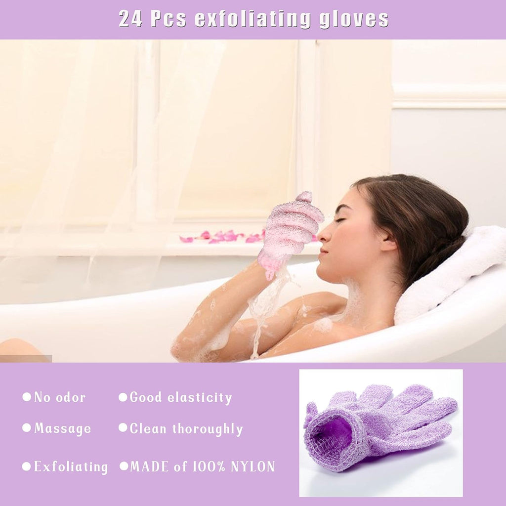 Buy now Shower Gloves,24 Pcs Exfoliating Bath Gloves,Body Scrub Gloves with Hanging Loop for Beauty Spa Massage Skin Shower Body Scrubber-12 Colors at indiglob india