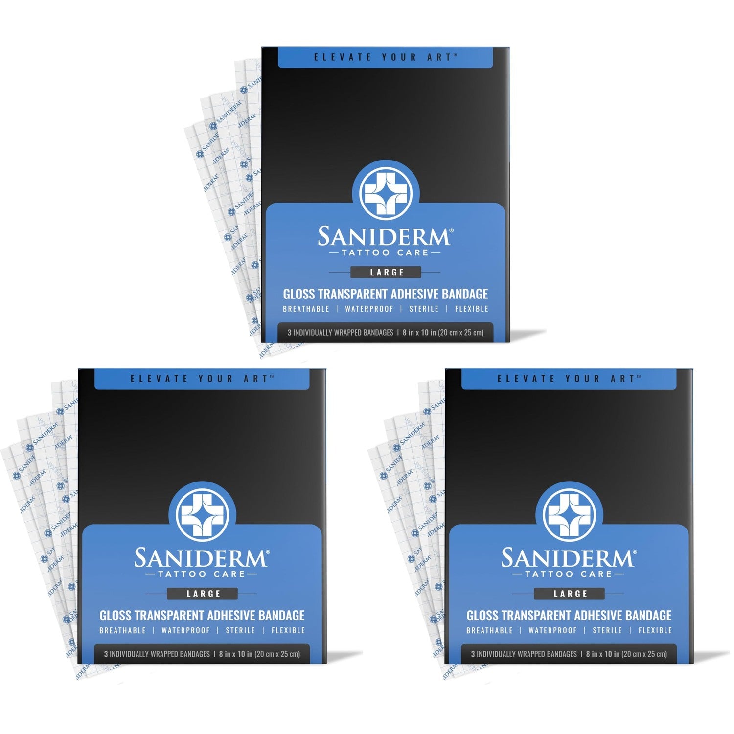 Saniderm - Tattoo Aftercare Bandage 10 Sheets - 4 x 4 Inch Small Pack | Contains Waterproof, Sterile, Latex-Free Bandage Sheets and Medical-Grade Tattoo Aftercare Film for Fresh Ink Protection.