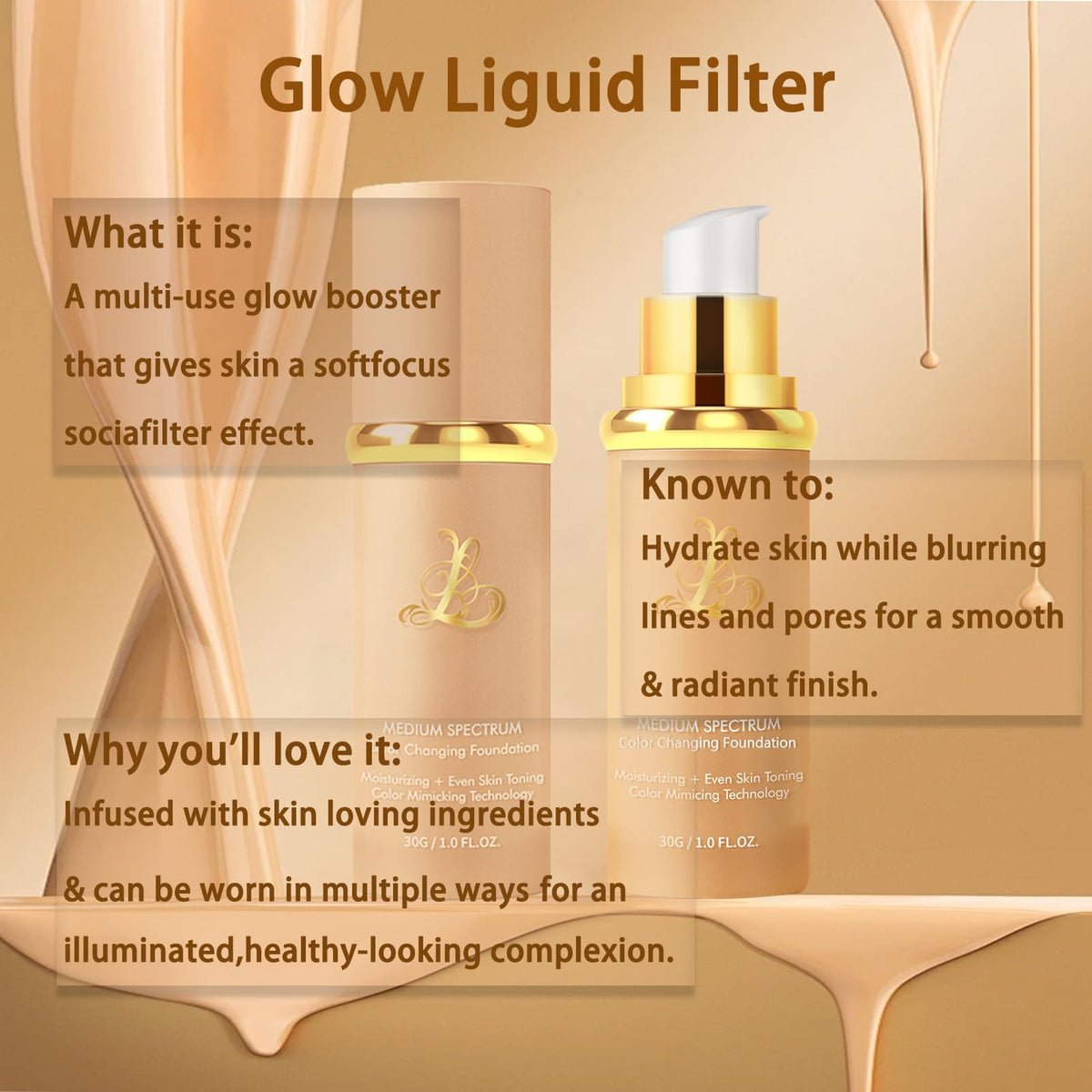 Foundation 4 in 1 - Medium Spectrum with SPF 50+, Color Changing Foundation, Hydrating Color Changing Foundation Makeup, Concealer, Sun Protection, Longwearing & Waterproof for All Skin Types