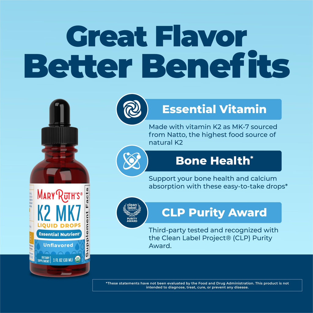 MARYRUTH'S USDA Organic Vitamin K2 MK7 Liquid Drops for Adults & Kids, 1 oz