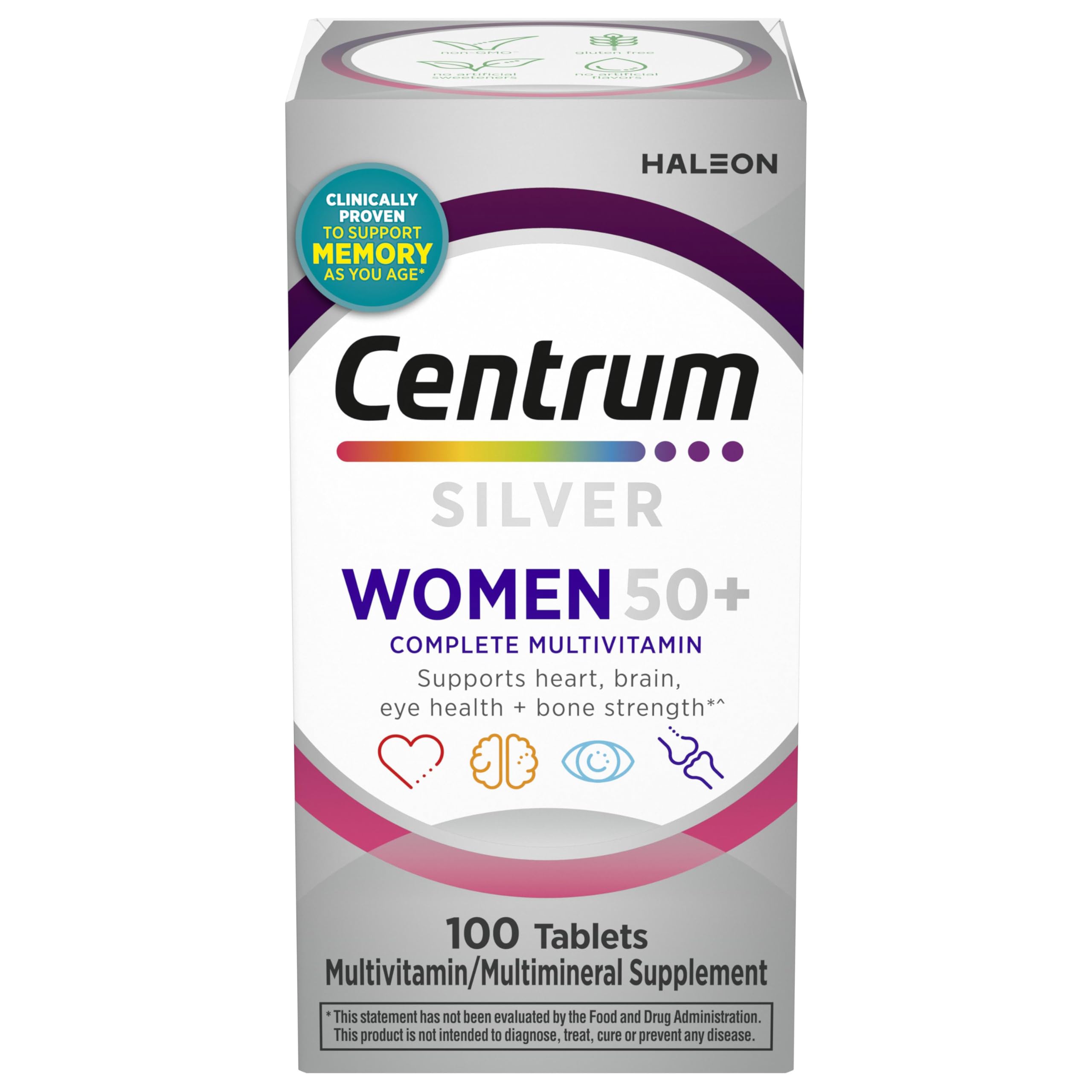 Centrum Silver Women's Multivitamin for Women 50 and Over, 100 Tablets | Contains Vitamin D3, B Vitamins, Calcium, and Antioxidants, Non-GMO Ingredients, Supports Memory and Cognition, GLP-1 Support