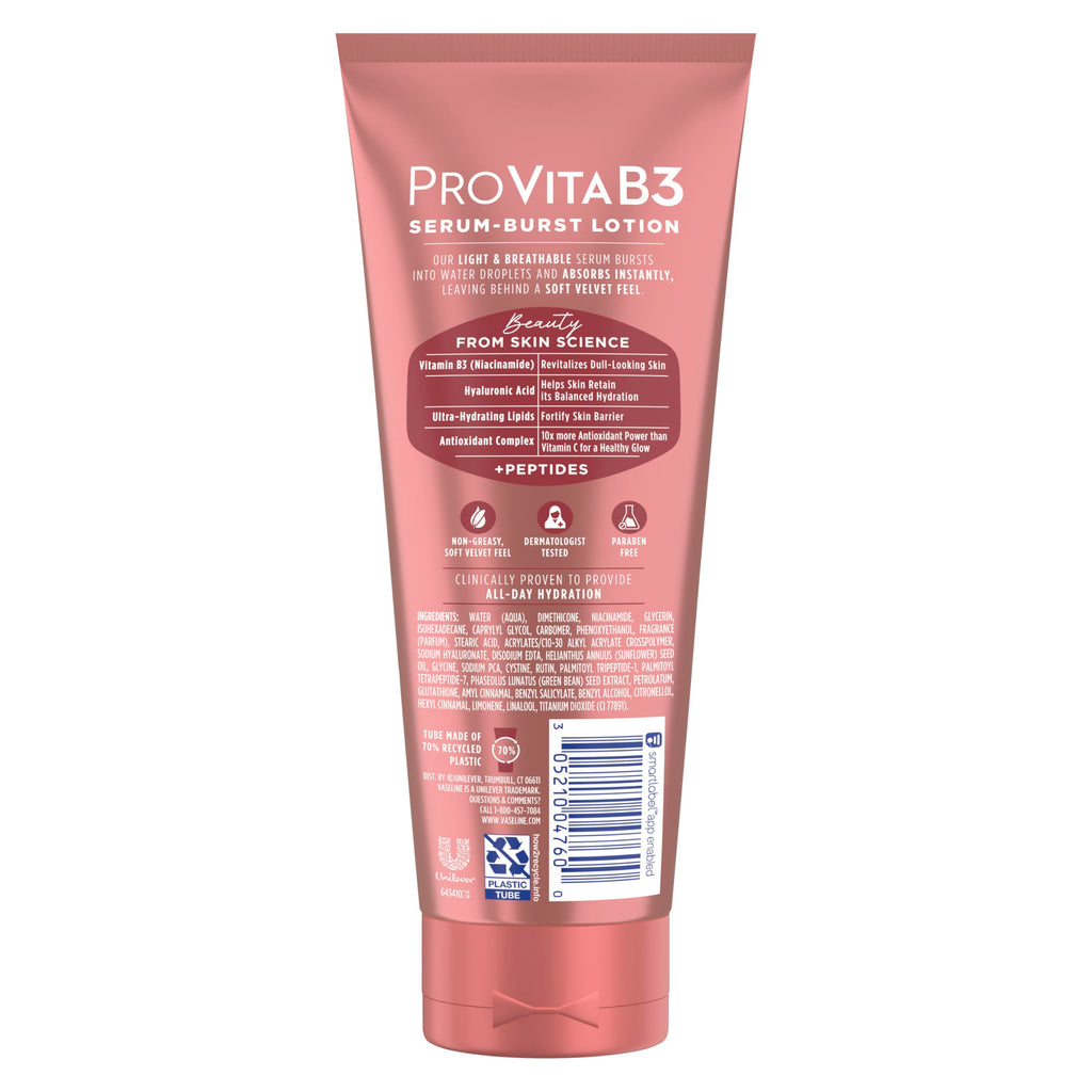 Vaseline Pro VitaB3 Serum Burst Body Lotion Supple & Soft 7.5oz | Body moisturizer for dull-looking skin with Vitamins C, E, Niacinamide, Hyaluronic Acid and Peptides for healthy glow