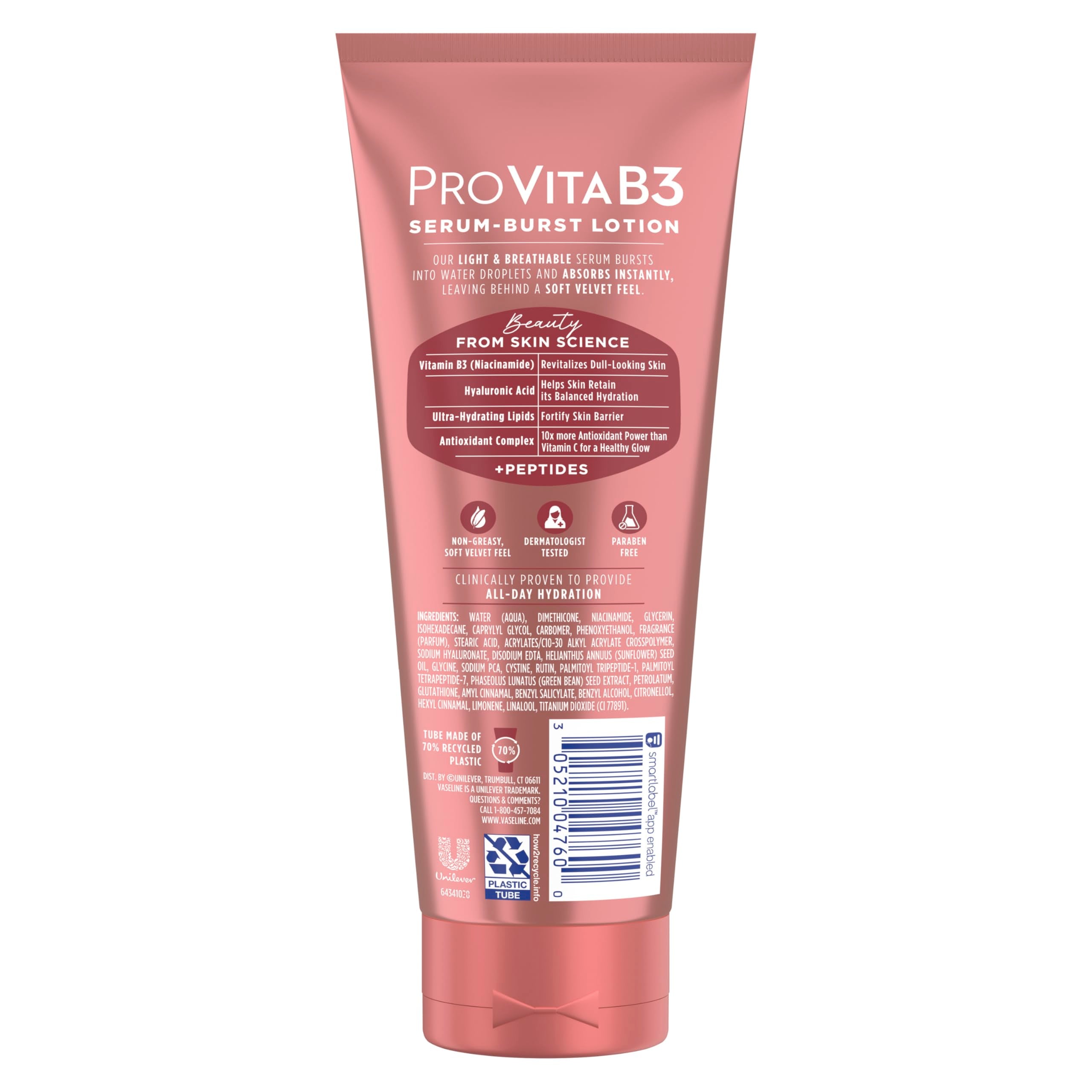 Vaseline Pro VitaB3 Serum Burst Body Lotion Supple & Soft 7.5oz | Body moisturizer for dull-looking skin with Vitamins C, E, Niacinamide, Hyaluronic Acid and Peptides for healthy glow