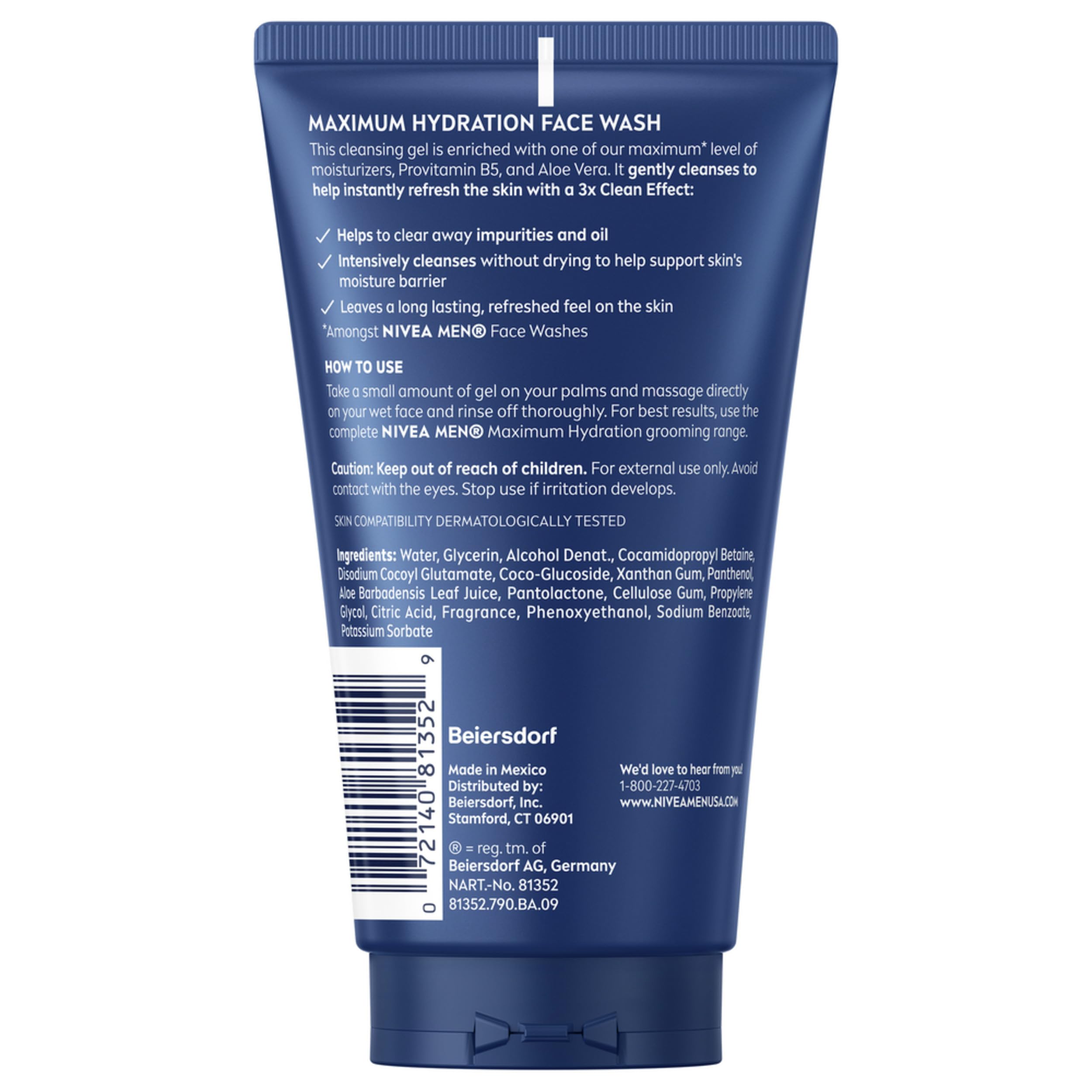 NIVEA MEN Maximum Hydration Face Wash, Provitamin B5 and Aloe Vera, 5 FL OZ | Hydrating Face Wash for Men, Provitamin B5 and Aloe Vera, Refreshes and Cleanses without Drying, Dermatologically Tested