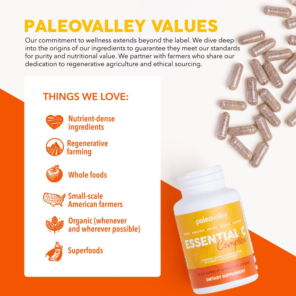 Paleovalley Essential C Complex, Whole Food Vitamin C Supplement, Organic Acerola Cherry, Camu Camu, Amla Berry, No Synthetic Ascorbic Acid, Immune Support Capsules, 450mg- Made in the USA