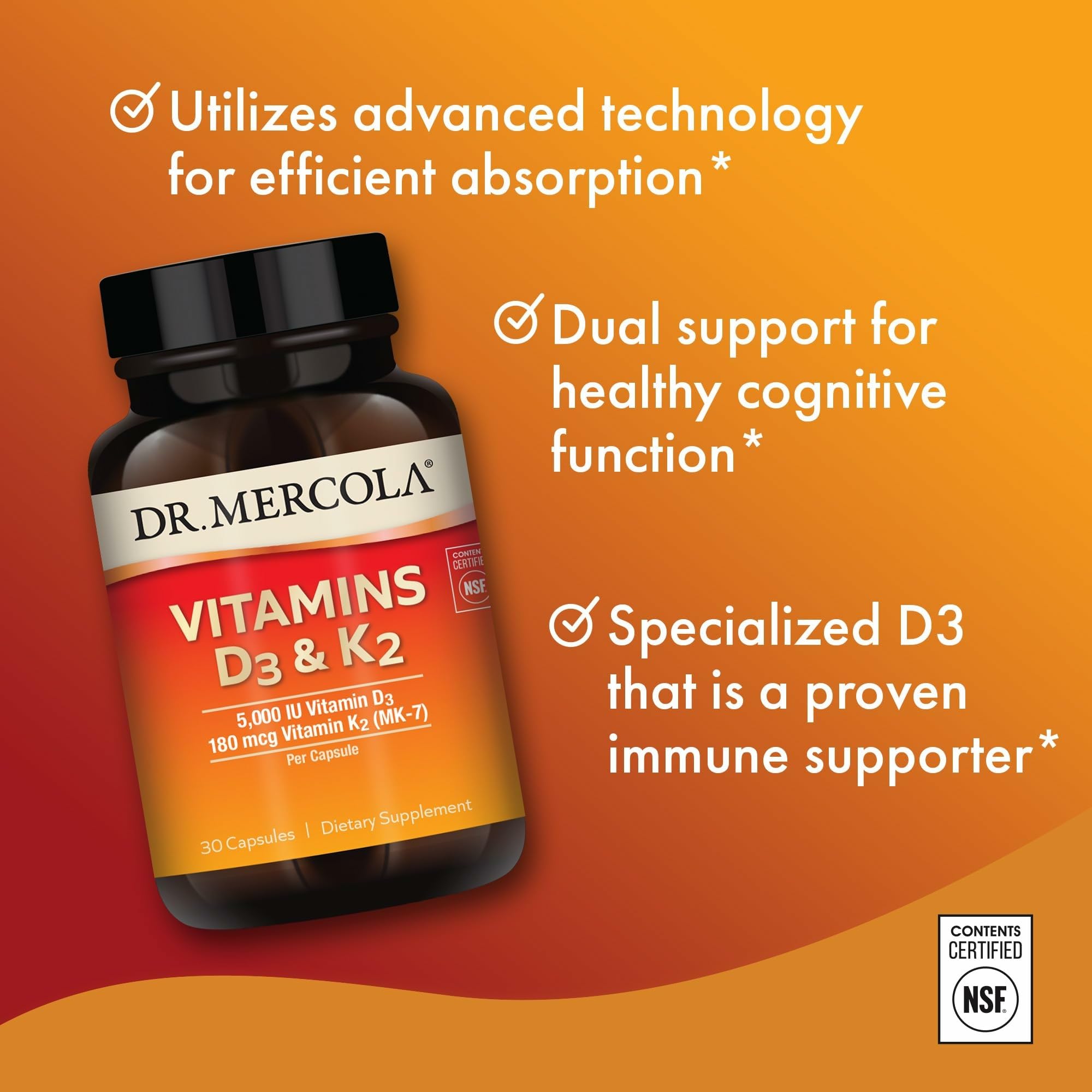 Dr. Mercola Vitamins D3 and K2, 5,000 IU, 30 Capsules (30 Servings) | Supports Immune, Brain, Cardiovascular, Respiratory, and Bone Health, GMO-Free, Gluten-Free, and Soy-Free