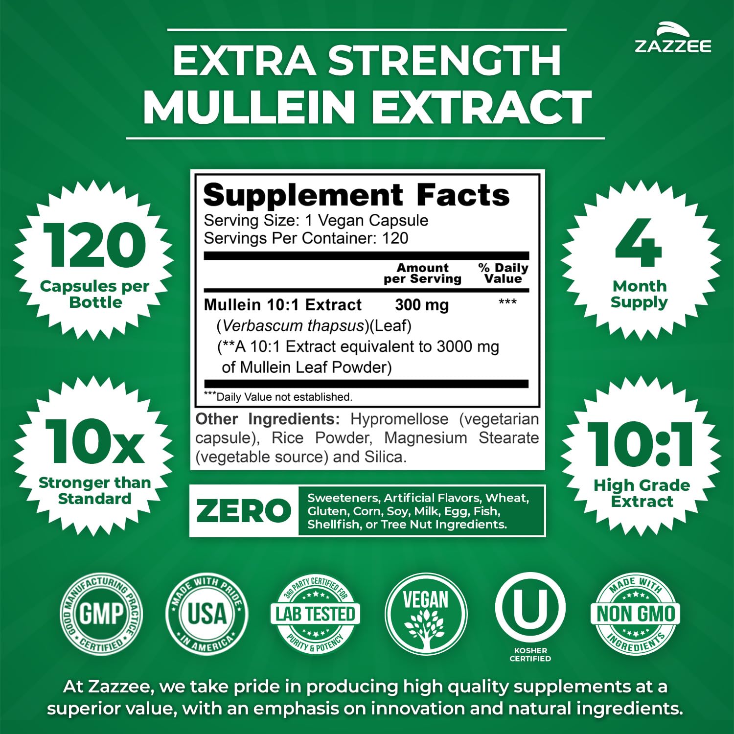 Zazzee Extra Strength Mullein Leaf 10:1 Extract, 120 Vegan Capsules | 4 Month Supply, Respiratory & Lung Support, Certified Kosher, 100% Pure Leaf Powder, Verbascum Thapsus, Non-GMO, Made in USA
