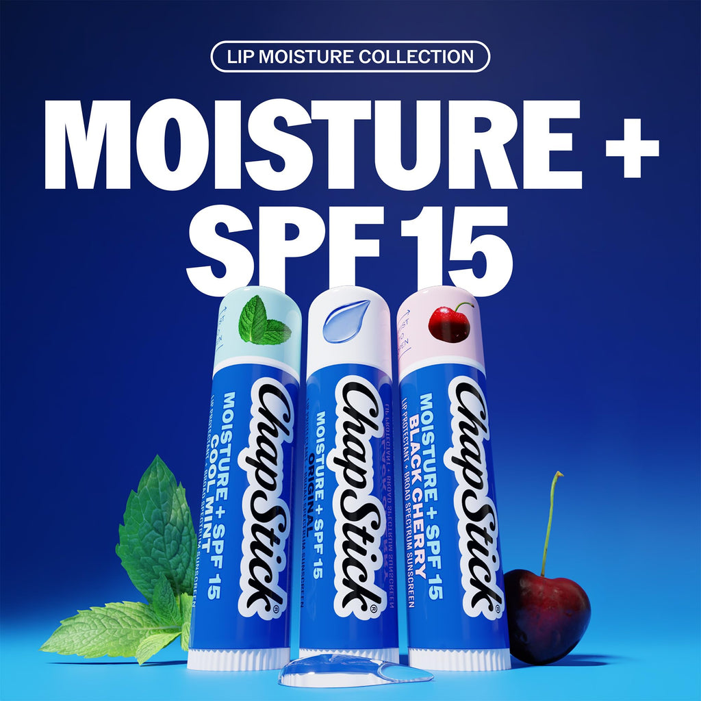 ChapStick Moisture + SPF 15 Lip Balm Sunscreen Variety 5-Pack, 0.15 Oz Ea | Variety 3-Pack (1 Original, 1 Cool Mint, and 1 Black Cherry) + 2 Original Moisture Lip Moisturizers with Sun Protection