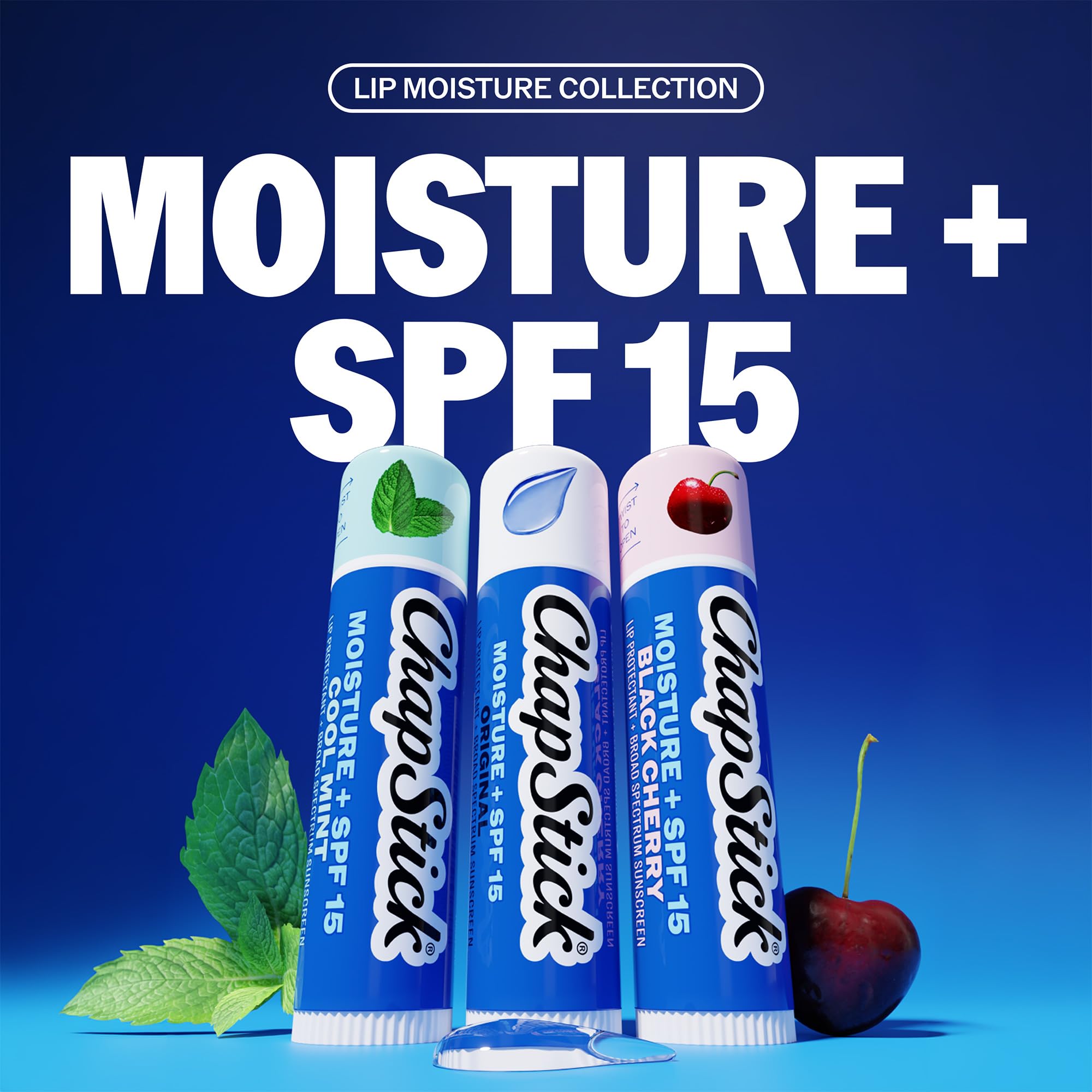 ChapStick Moisture + SPF 15 Lip Balm Sunscreen Variety 5-Pack, 0.15 Oz Ea | Variety 3-Pack (1 Original, 1 Cool Mint, and 1 Black Cherry) + 2 Original Moisture Lip Moisturizers with Sun Protection