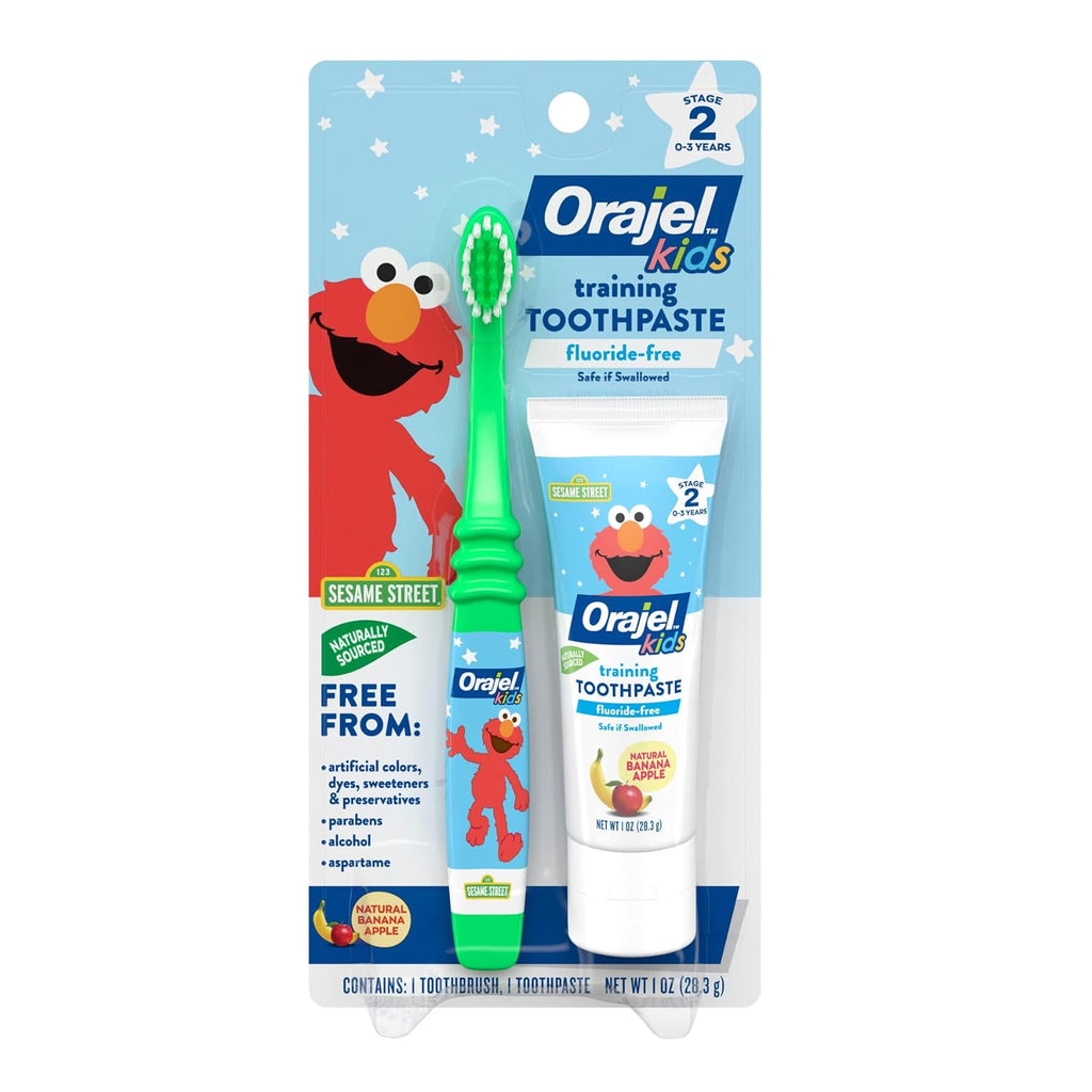 Buy now Orajel Elmo Fluoride-Free Tooth & Gum Cleanser with Toothbrush, Combo Pack, Banana Apple Flavored Non-Fluoride, 2 Piece Set Tooth Cleaning Agent at indiglob india