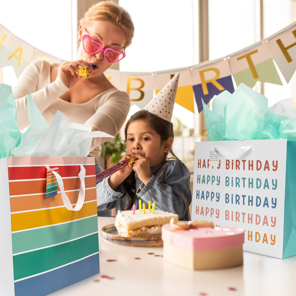 Beautiful Birthday Gift Bags Set of 2 with Tissue Paper, Cards & Stickers