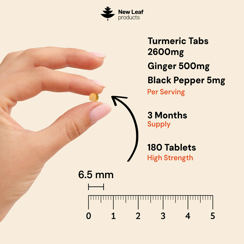 Turmeric Tablets with Black Pepper & Ginger - Curcumin - 180 Turmeric and Black Pepper Tablets (3 Month) High Strength Active Turmeric Supplements Not Capsules, by New Leaf