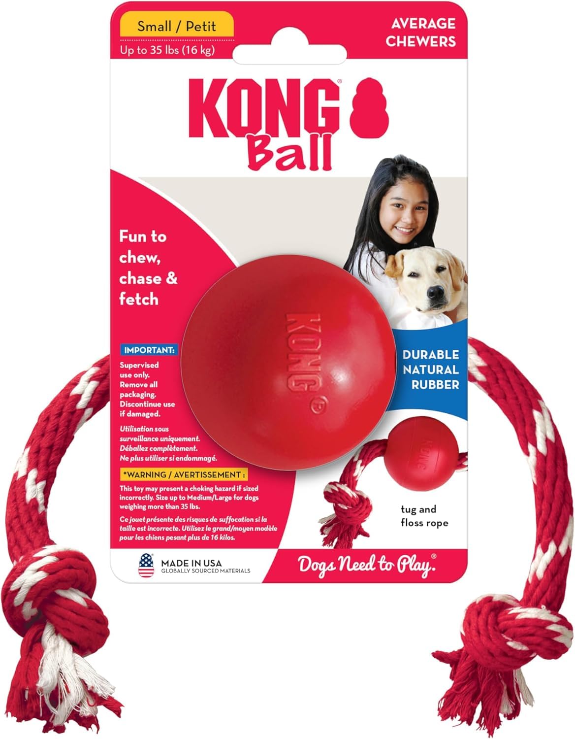 KONG Ball with Rope, Natural Rubber Fetch and Tug Toy, Red, for Small Dogs