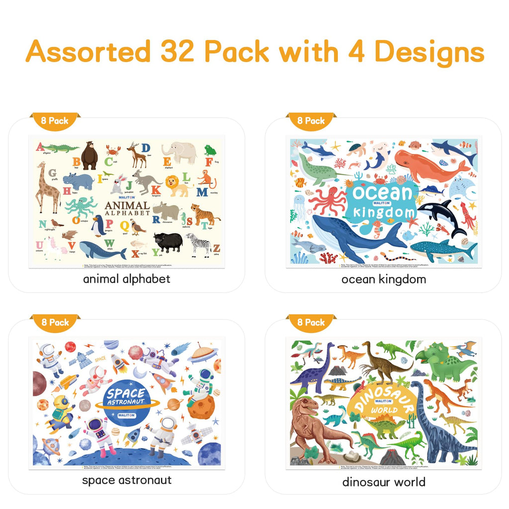 Disposable Placemats for Baby & Toddlers - Stick-On Table Mats for Restaurants, Travel With 4 Designs - Kids' Placemats (Individual Package)