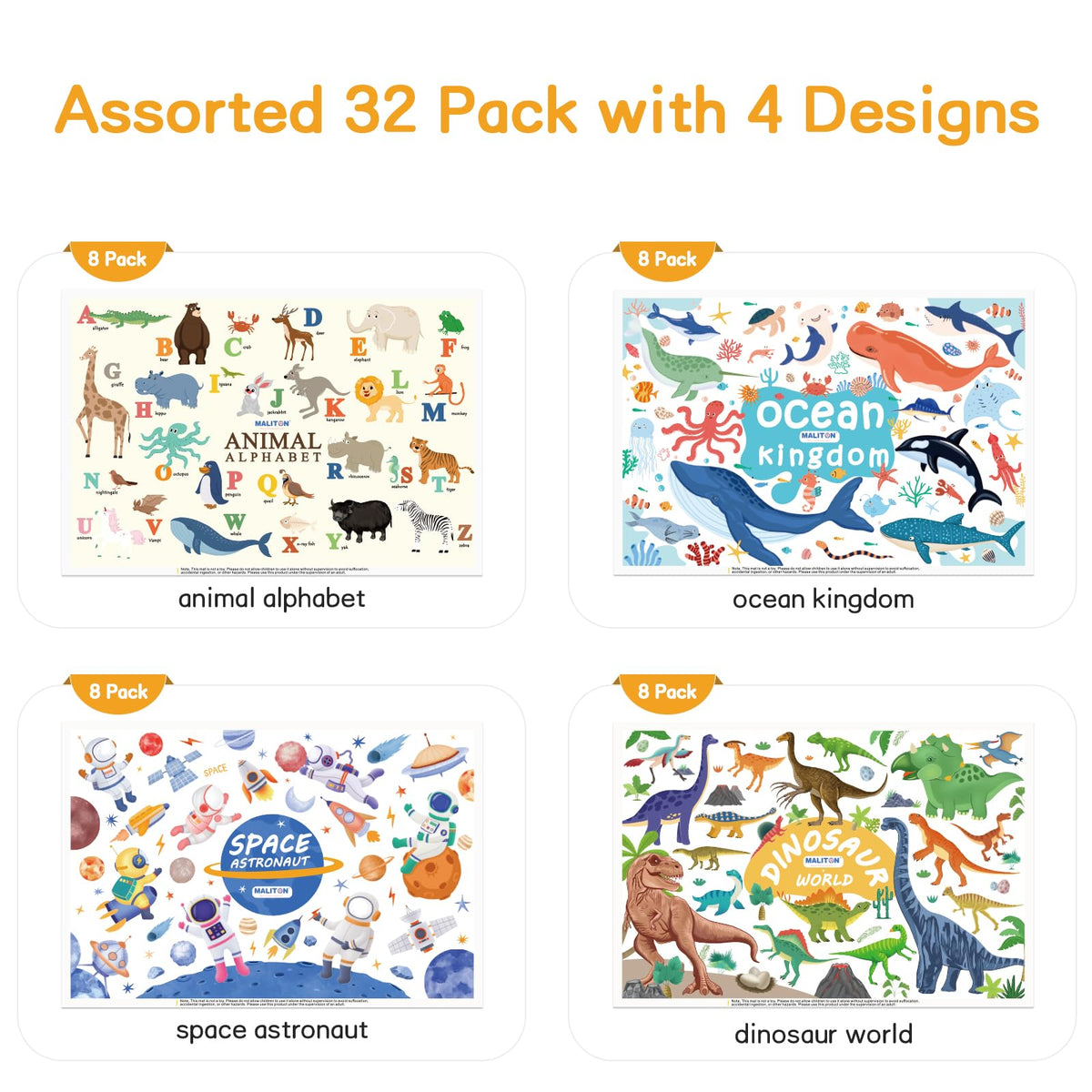 Disposable Placemats for Baby & Toddlers - Stick-On Table Mats for Restaurants, Travel With 4 Designs - Kids' Placemats (Individual Package)