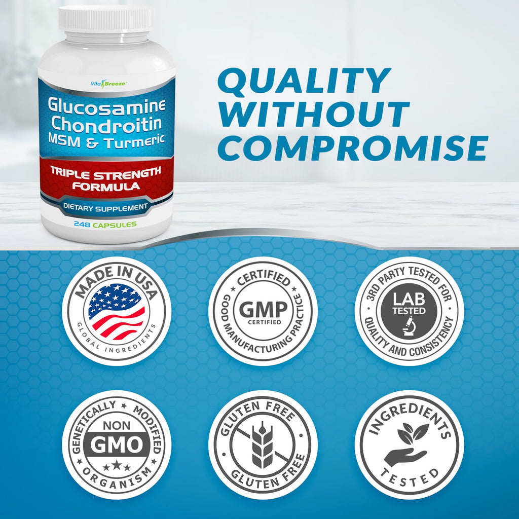 VitaBreeze Glucosamine Chondroitin MSM & Turmeric Supplement, 248 Capsules | Triple Strength Joint Support Supplement, Suitable for Men and Women