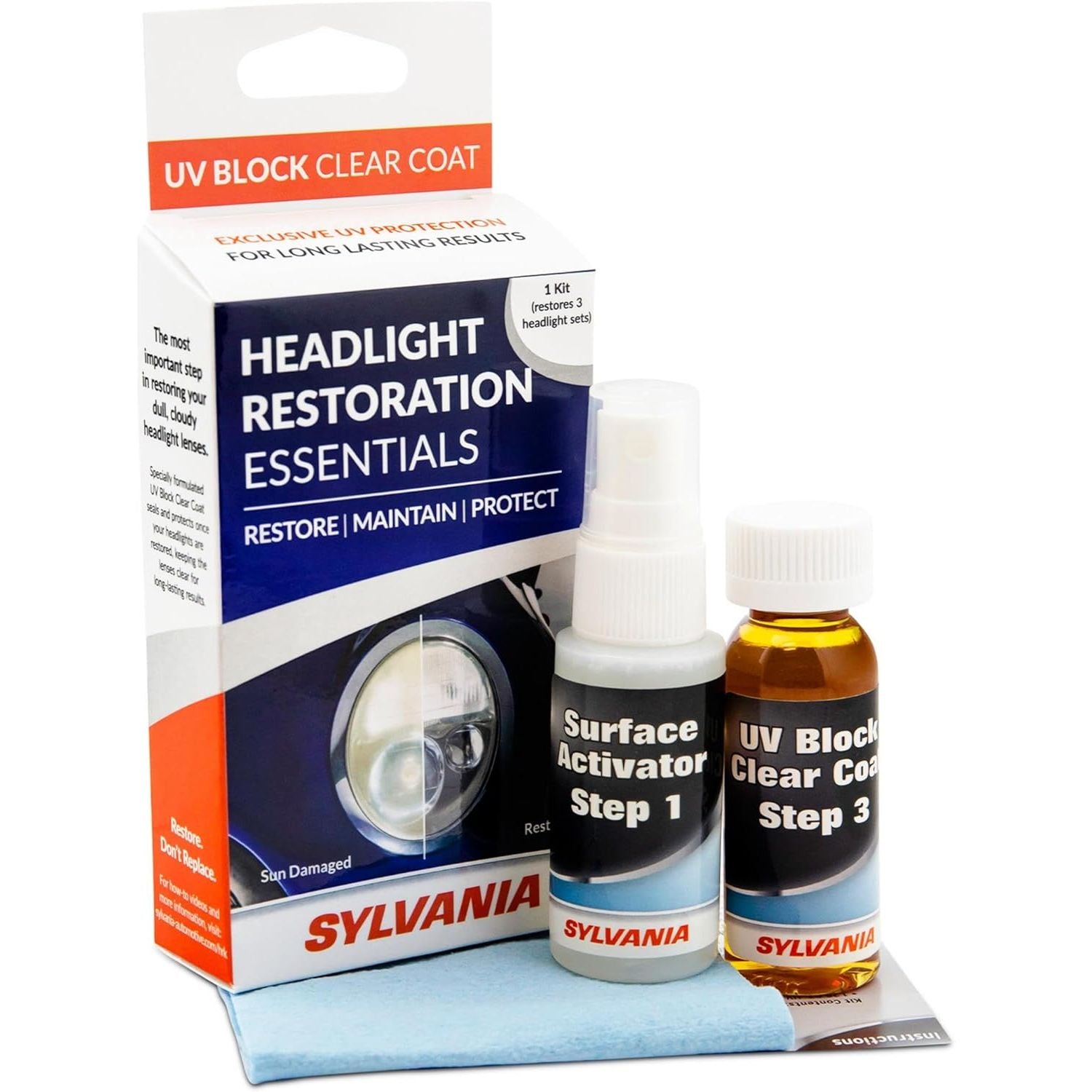 Buy now Sylvania Headlight Restoration Kit - Long-Lasting Headlight Repair Kit for Restoring to Like-New Condition - Surface Activator, Exclusive UV Coating, Clarifying Compound & More - No Tools Required UV Block and Activator Only at indiglob india
