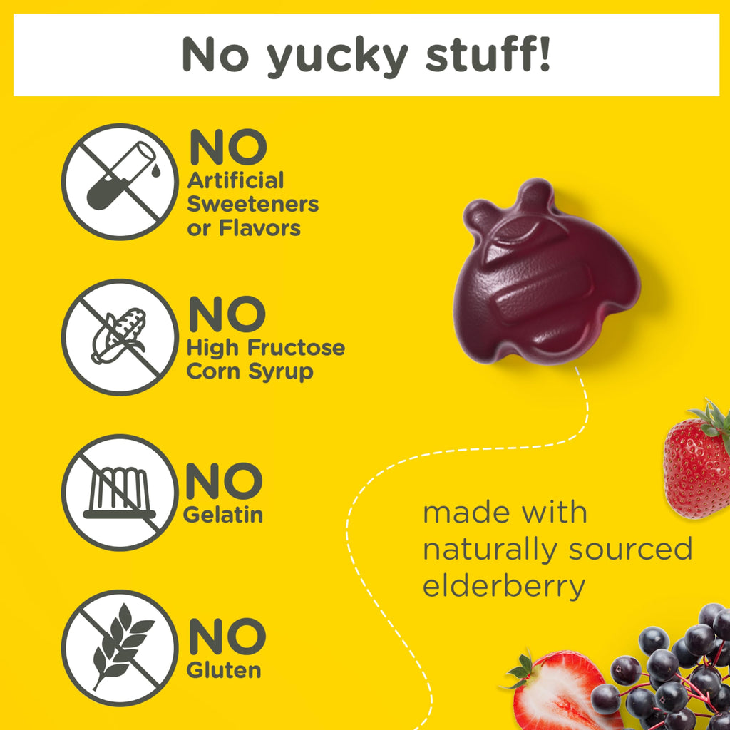 Zarbee's Kids Elderberry Immune Support Gummies, No Sugar Coating, 60 ct | For Ages 2+ Years, No Sugar Coating, Vitamins C D3 & Zinc, Elderberry, Supports Healthy Immune System, No Artificial Flavors