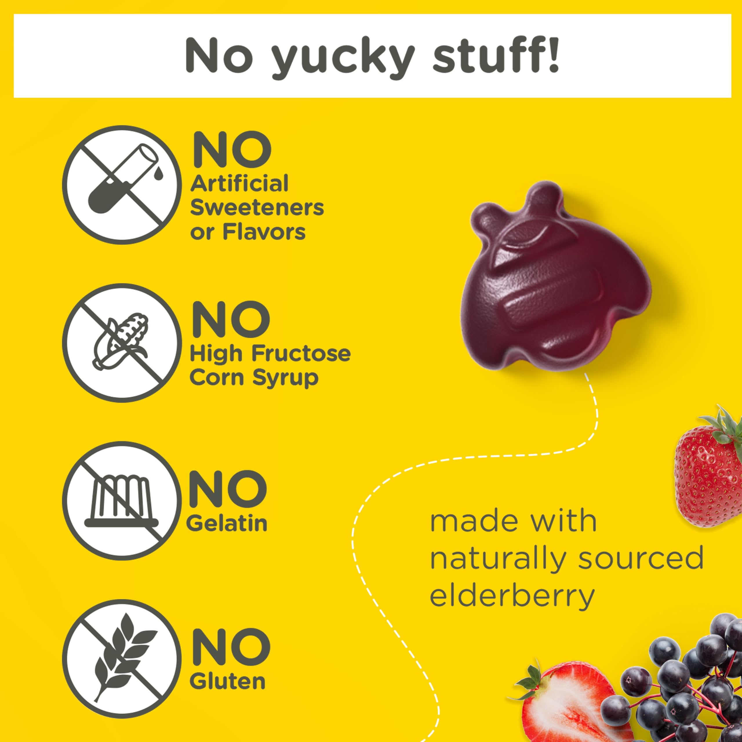 Zarbee's Kids Elderberry Immune Support Gummies, No Sugar Coating, 60 ct | For Ages 2+ Years, No Sugar Coating, Vitamins C D3 & Zinc, Elderberry, Supports Healthy Immune System, No Artificial Flavors