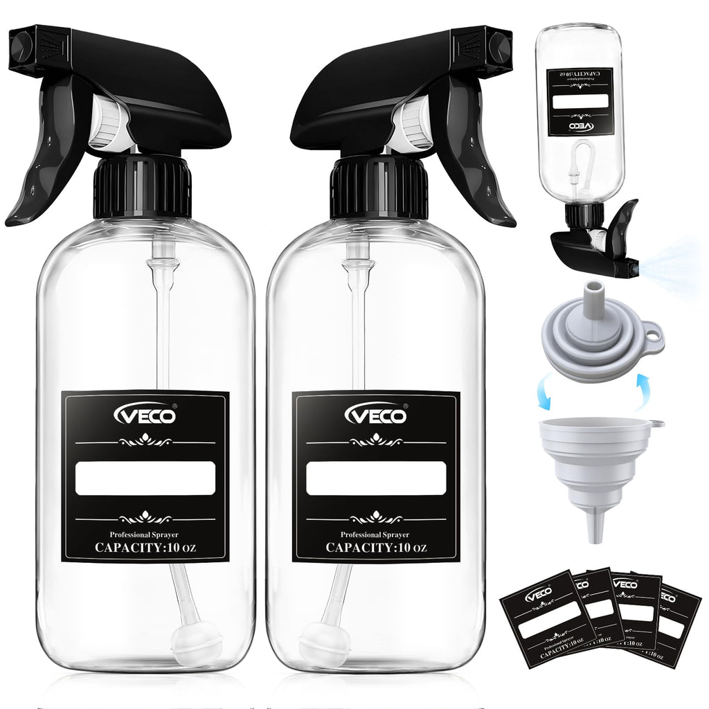 Veco 15oz Graduated Spray Bottles, 4-Pack — 360° Any-Angle Spraying for Easy Dilution, Leak-Resistant spray bottles for Cleaning, Plants, Hair & Pet Use + Foldable Funnel
