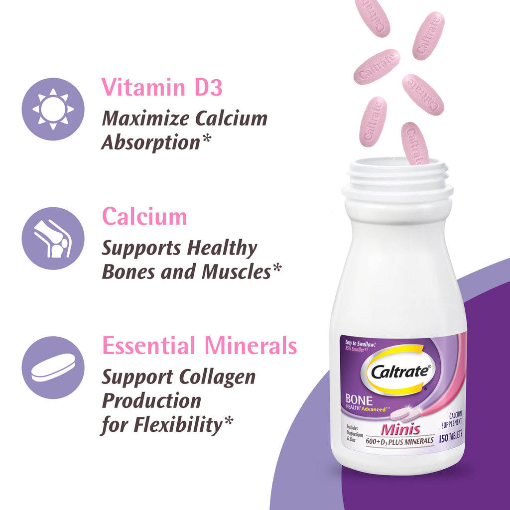 Caltrate Minis 600 Plus D3 Vitamin D and Calcium Supplement Tablets, 150 Ct | Highest Level of Vitamin D3, Maximizes Calcium Absorption to Support Strong Bones and Daily Function