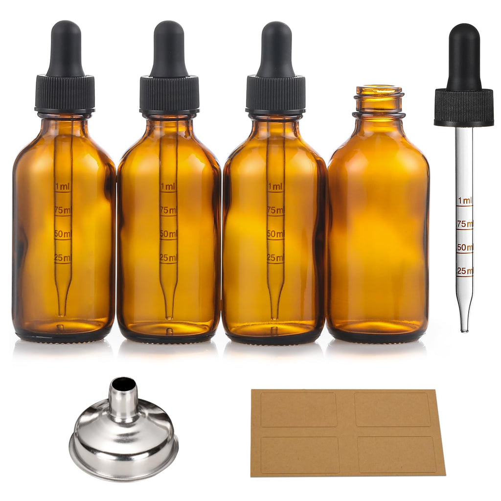 4 Pack, 1 oz Amber Glass Dropper Bottles Plus 2pcs Graduated Calibrated Glass Pipettes (1ml)- 30ml Dark Brown Tincture Bottles with Eye Droppers for Essential Oils, Liquids - Leakproof Travel Bottle