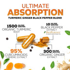 Turmeric Curcumin Supplement - 95% Curcuminoids with Organic Turmeric & Ginger, BioPerine Black Pepper Extract for Best Absorption, Natural Vegan Joint Support, Non-GMO, Bottled in USA - 240 Capsules