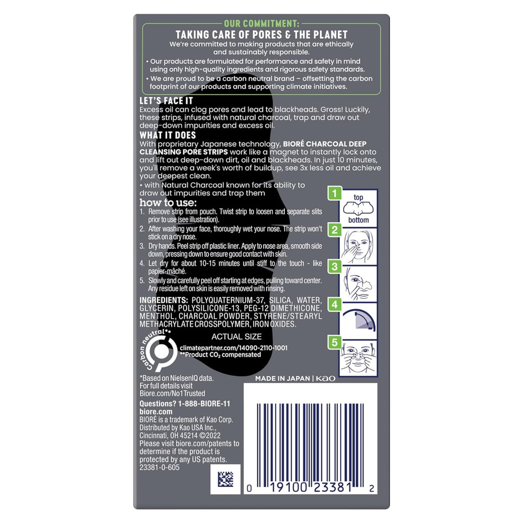 Buy now Biore Charcoal Deep Cleansing Pore Strips, Nose Strips for Blackhead Removal on Oily Skin, Features C-Bond Technology with Instant Pore Unclogging, 18 Count at indiglob india