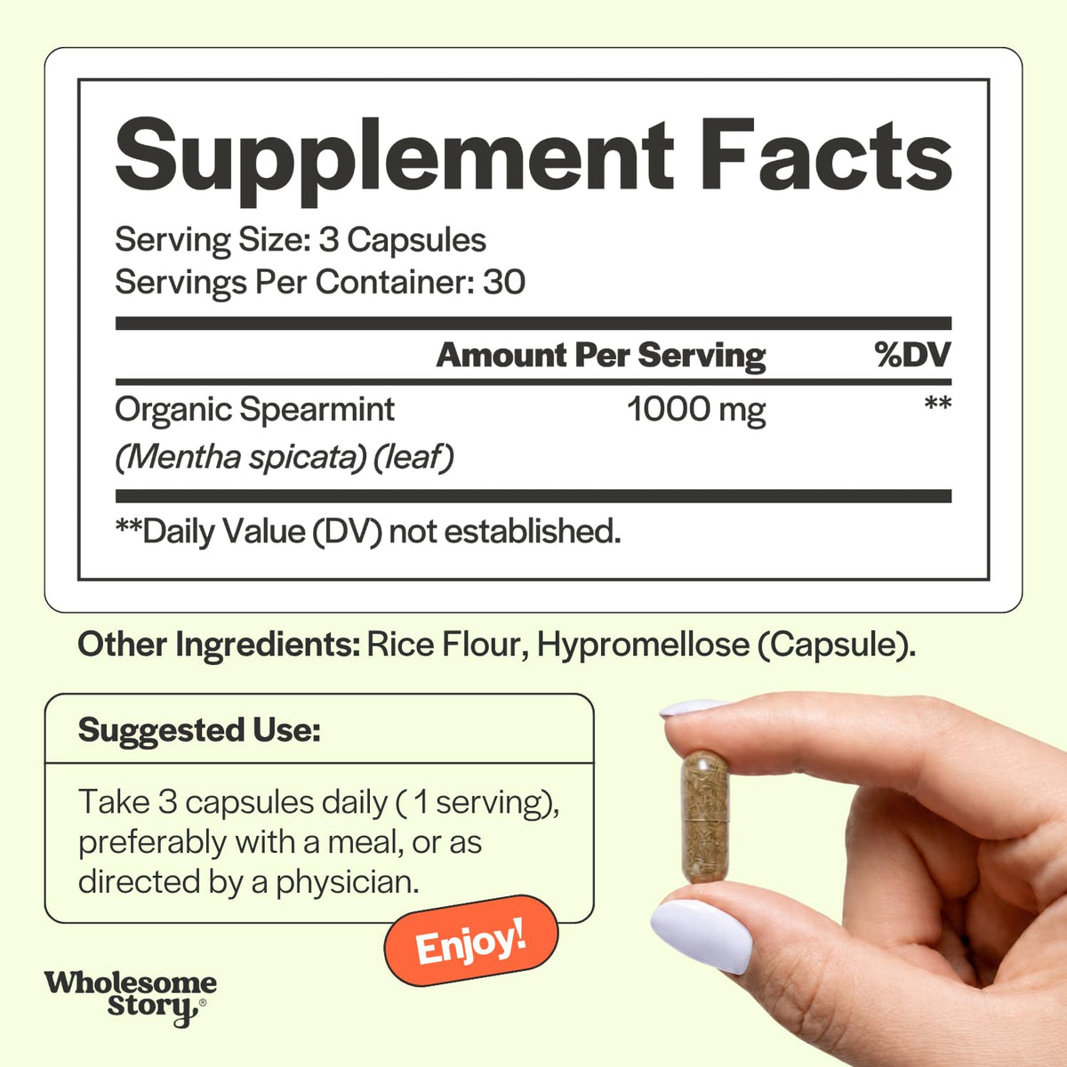 Wholesome Story Spearmint Capsules Supplement | 1000mg Spearmint Leaf | 333.33mg Per Capsule | Supports Hormones, Digestion & Gut | Mentha Spicata | 30-Day Supply