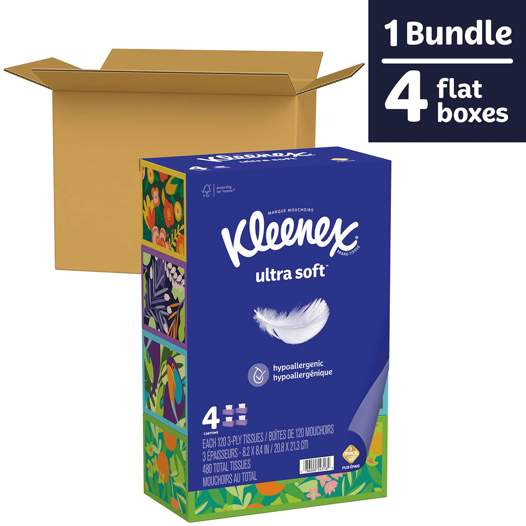 Kleenex Ultra Soft Facial Tissues, Soft Facial Tissue, 4 Flat Boxes, 120 Tissues per Box, 3-Ply (480 Total Tissues)