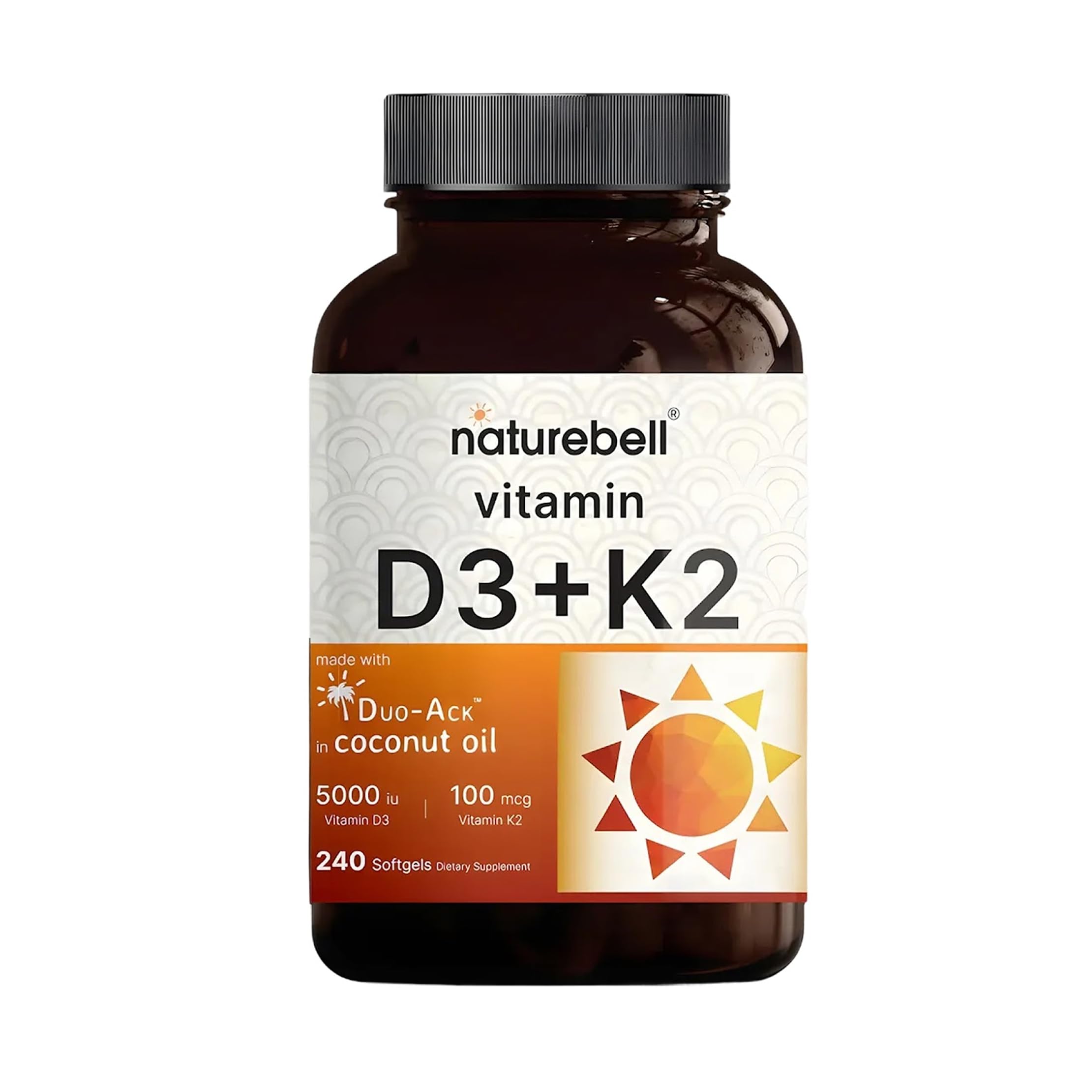 NatureBell Vitamin D3 K2-240 Softgels - 5,000 IU Vitamin D3 & 100mcg Vitamin K2 MK-7 with Coconut Oil - Bone, Heart & Immune Health Support* - 3rd Party Tested - 8-Month Supply