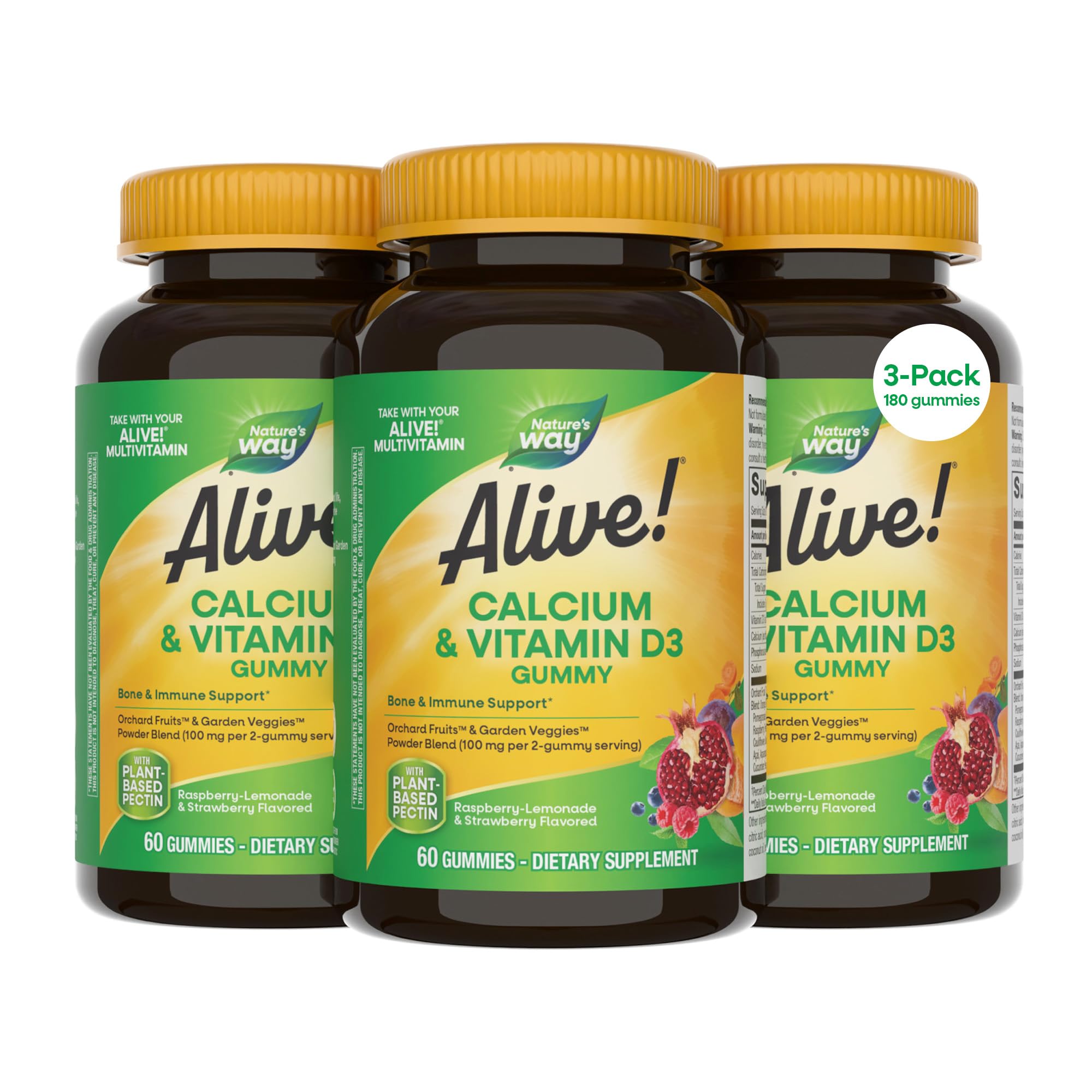 Nature’s Way Alive! Chewable Calcium Gummies with Vitamin D3, 60 ct | Daily Supplement Supports Healthy Bones and Teeth, and Muscle Function*, Strawberry and Raspberry-Lemonade Flavored