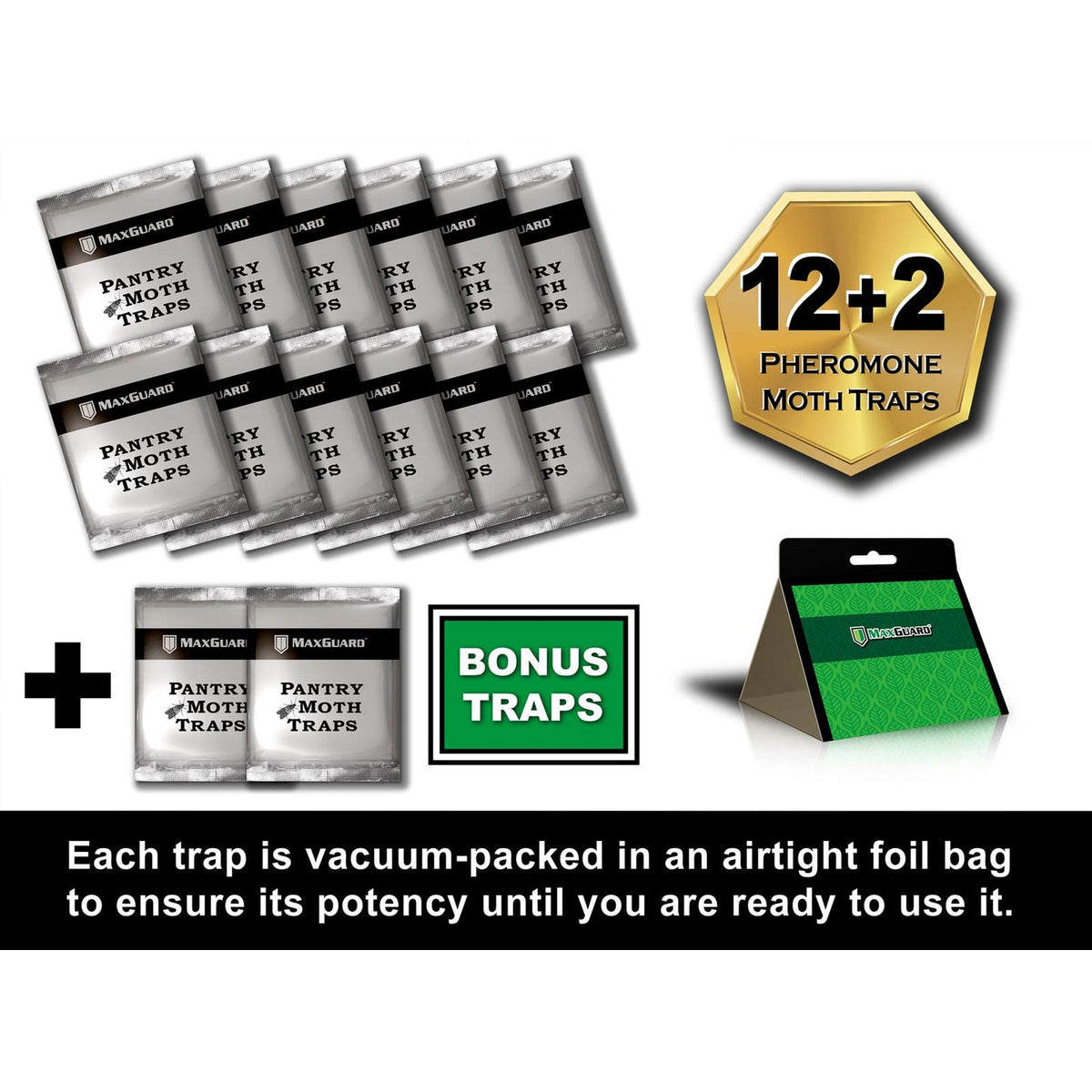 MAXGUARD Pantry Moth Traps (12 Pack +2 Free) with Extra Strength Pheromones | Non-Toxic Sticky Glue Trap for Food and Cupboard Moths in Your Kitchen | Trap and Kill Seed Grain Flour Meal Moths |