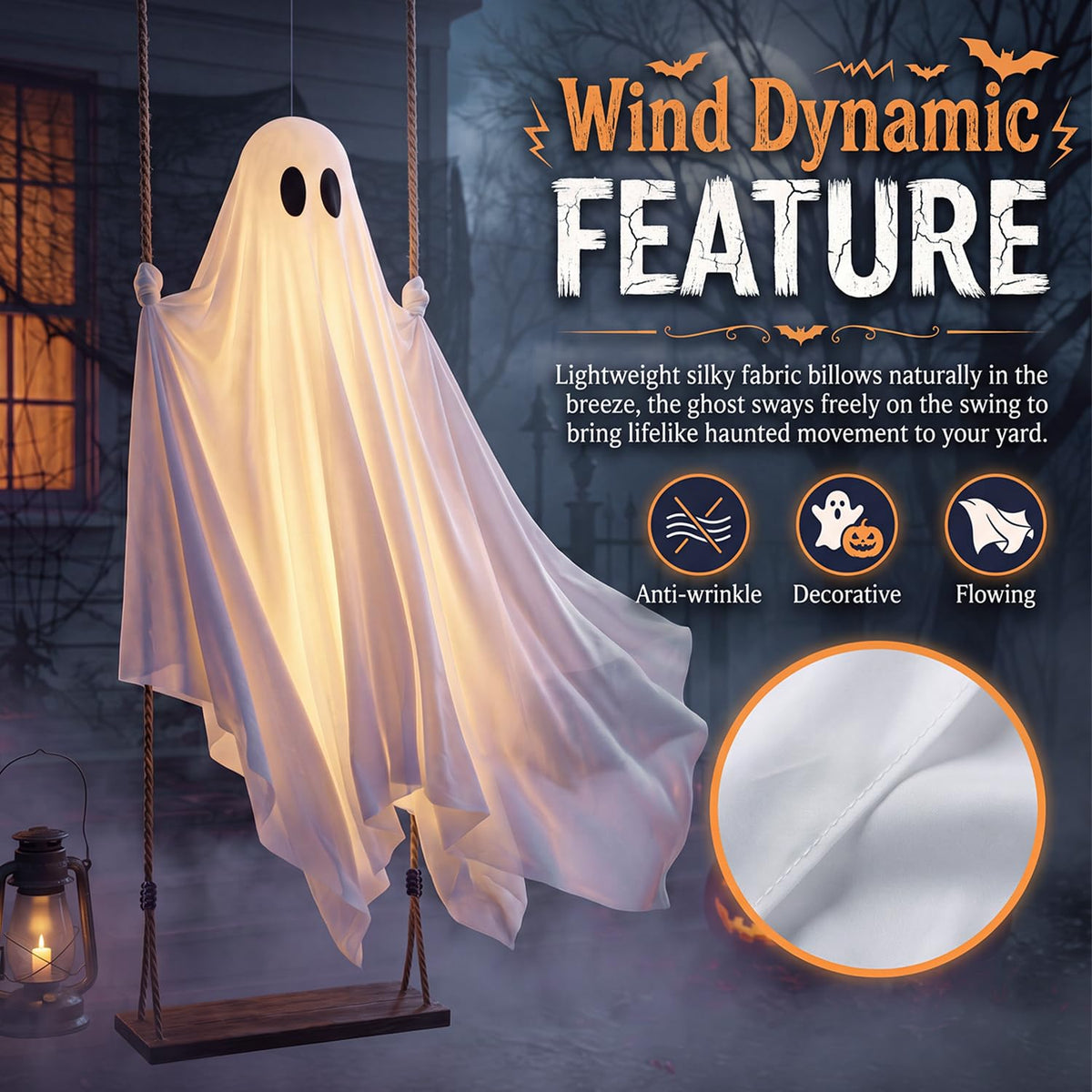 Halloween Decorations Outdoor, 5 FT Hanging Swing Ghost with String Lights, Light Up Large Spooky Cute Decor Kit, Scary Party Decoration for Outside, Garden, Yard, Lawn, Home