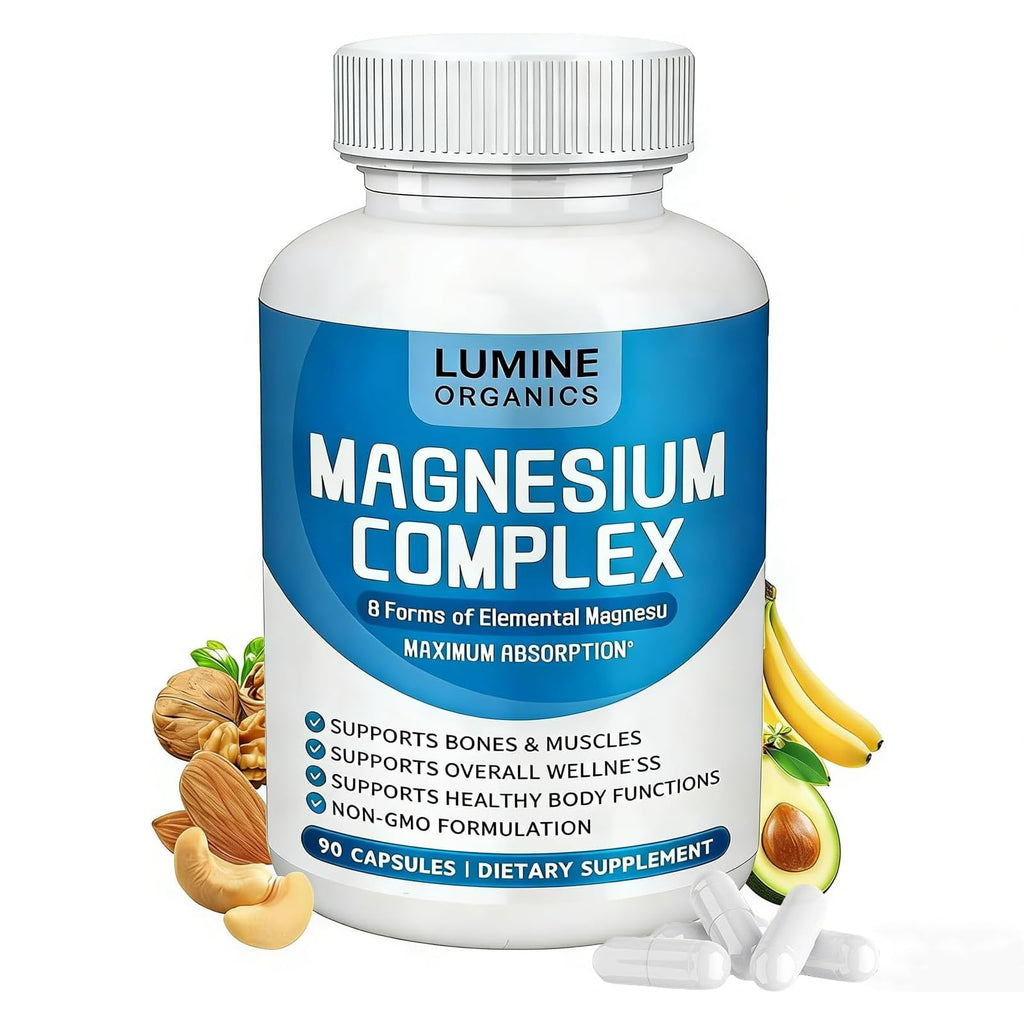 1PCSLumine Organics Magnesium Complex Supplement 1000mg - Advanced 8-in-1 Magnesium Blend - Glycinate, Citrate, Malate, Taurate etc.– High Absorption Formula – Non-GMO, 90 Capsules (1C)
