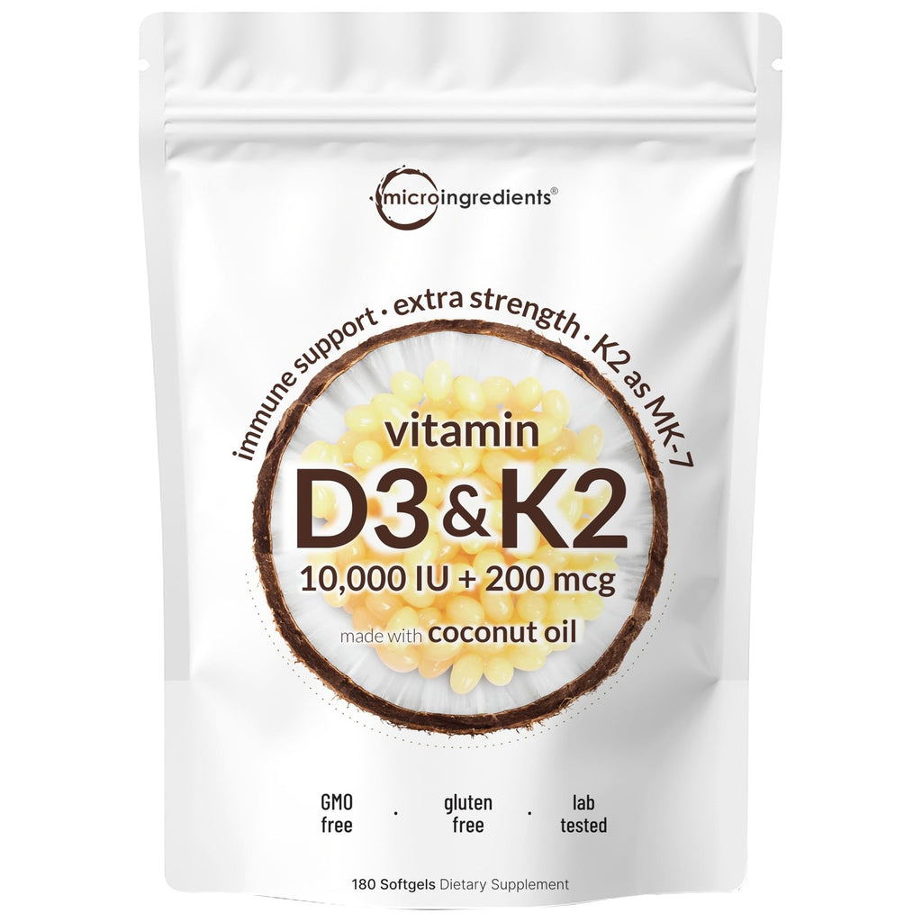 Micro Ingredients Vitamin D3 K2 MK-7 10,000 IU Per Serving, 300 Softgels | Made with Virgin Coconut Oil, K2 200 mcg Per Serving. D3 & K2 Vitamin Supplement. Easy-to-Swallow. Non-GMO, Gluten Free.