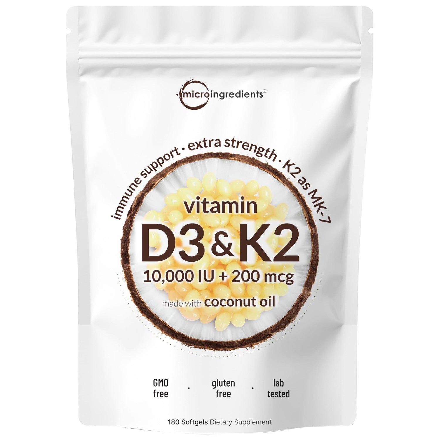 Micro Ingredients Vitamin D3 K2 MK-7 10,000 IU Per Serving, 300 Softgels | Made with Virgin Coconut Oil, K2 200 mcg Per Serving. D3 & K2 Vitamin Supplement. Easy-to-Swallow. Non-GMO, Gluten Free.