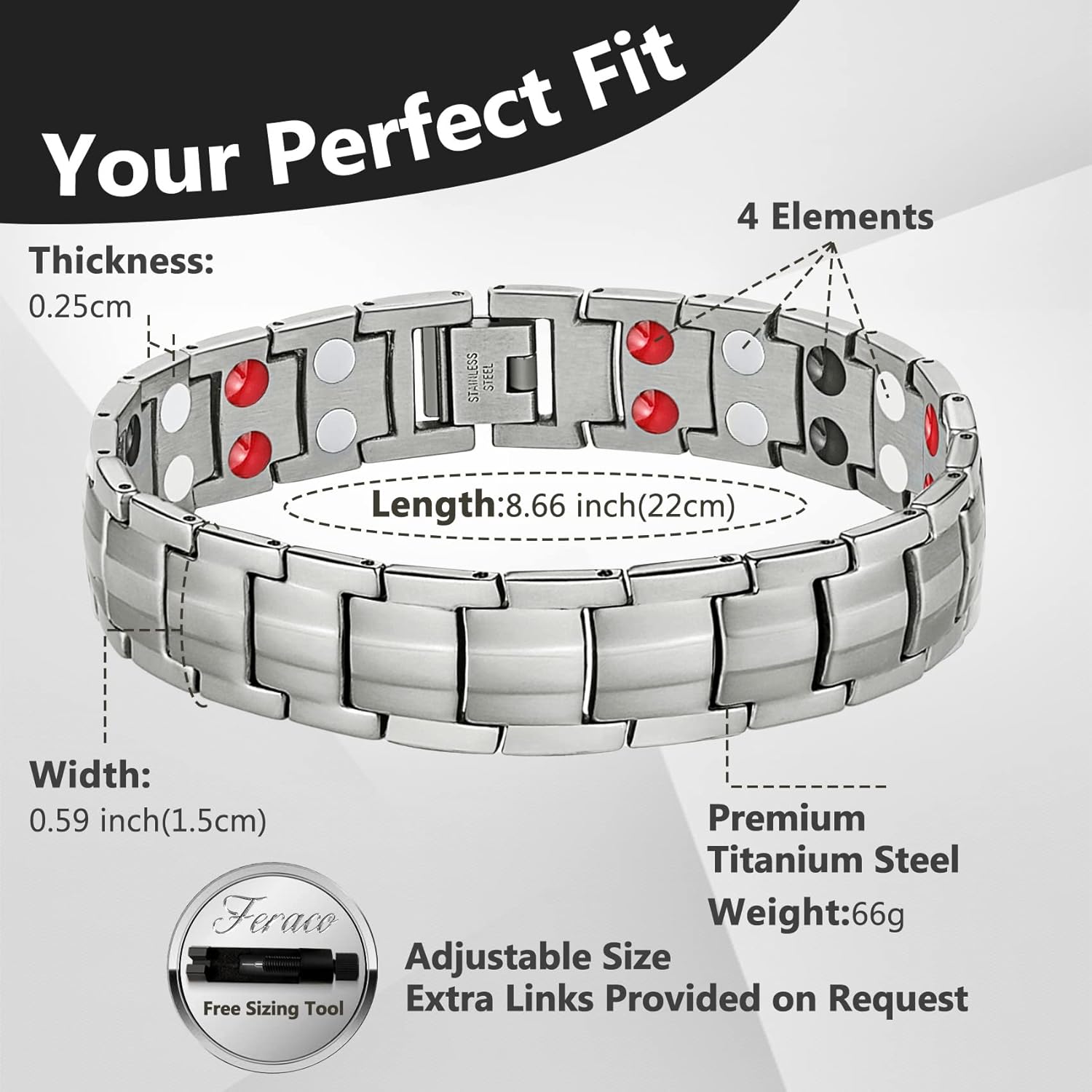 Buy now Feraco Mens Magnetic Bracelet Titanium Steel Magnetic Bracelet with Double Row 4 Elements Magnets (Silver) at indiglob india
