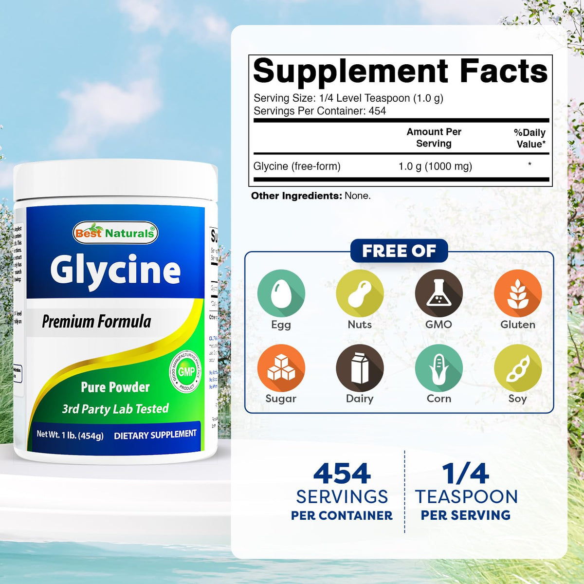 Best Naturals Glycine Powder 1 LB - Neurotransmitter & Relaxation Support
