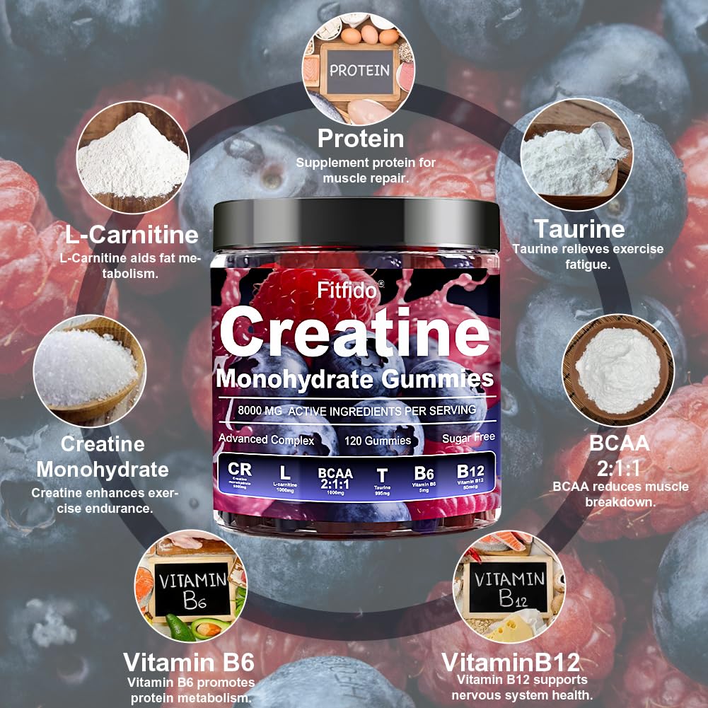 Creatine Monohydrate Gummies 5000mg with L-Carnitine, 120 Count | Containing Taurine for Women & Men, Build Muscle, Boost Energy, Faster Recovery, Sugar Free, Vegan, Raspberry & Blackberry