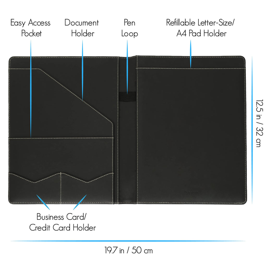 Buy now STYLIO Padfolio Portfolio Organizer Binder | Interview Resume Folder, Legal Document, Business Card Holder |w/Letter-Sized Notepad | Handsome Piano Noir Faux Leather Folio Matte Finish, Accent Stitch at indiglob india