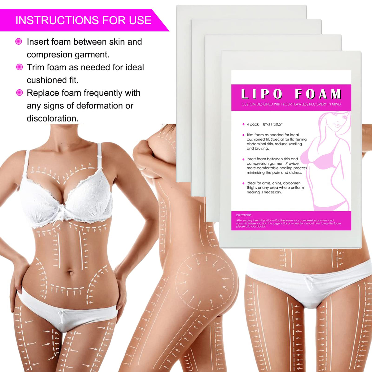 4 Pack Lipo Foam Pads Post Surgery 8"X11" Ab Board Foam