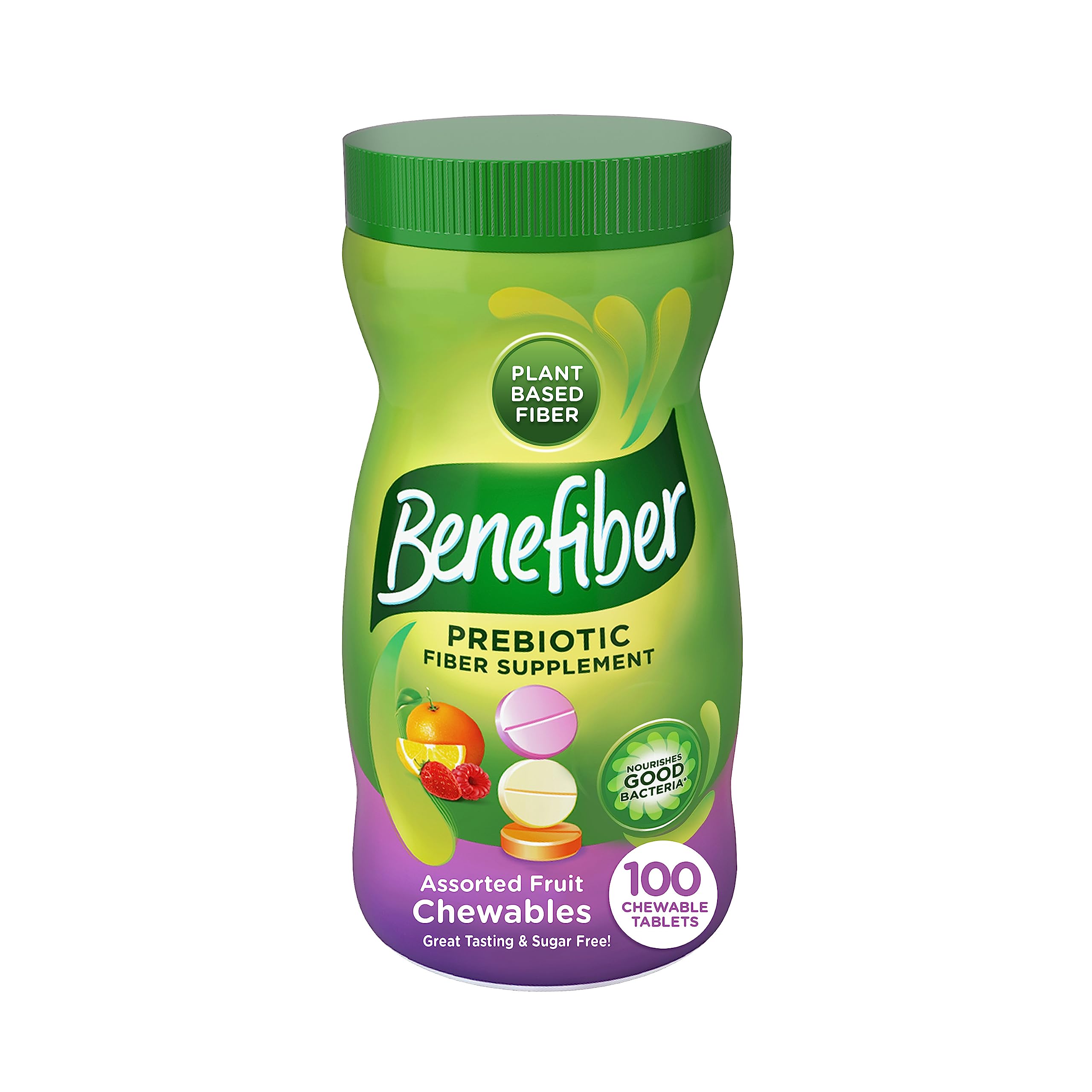 Benefiber Chewable Prebiotic Fiber Tablets, Assorted Fruit Flavors, 100 Ct | Plant-based Prebiotic Fiber, Supports Gut Health by Nourishing Good Gut Bacteria, GLP-1 Support for Digestive Health